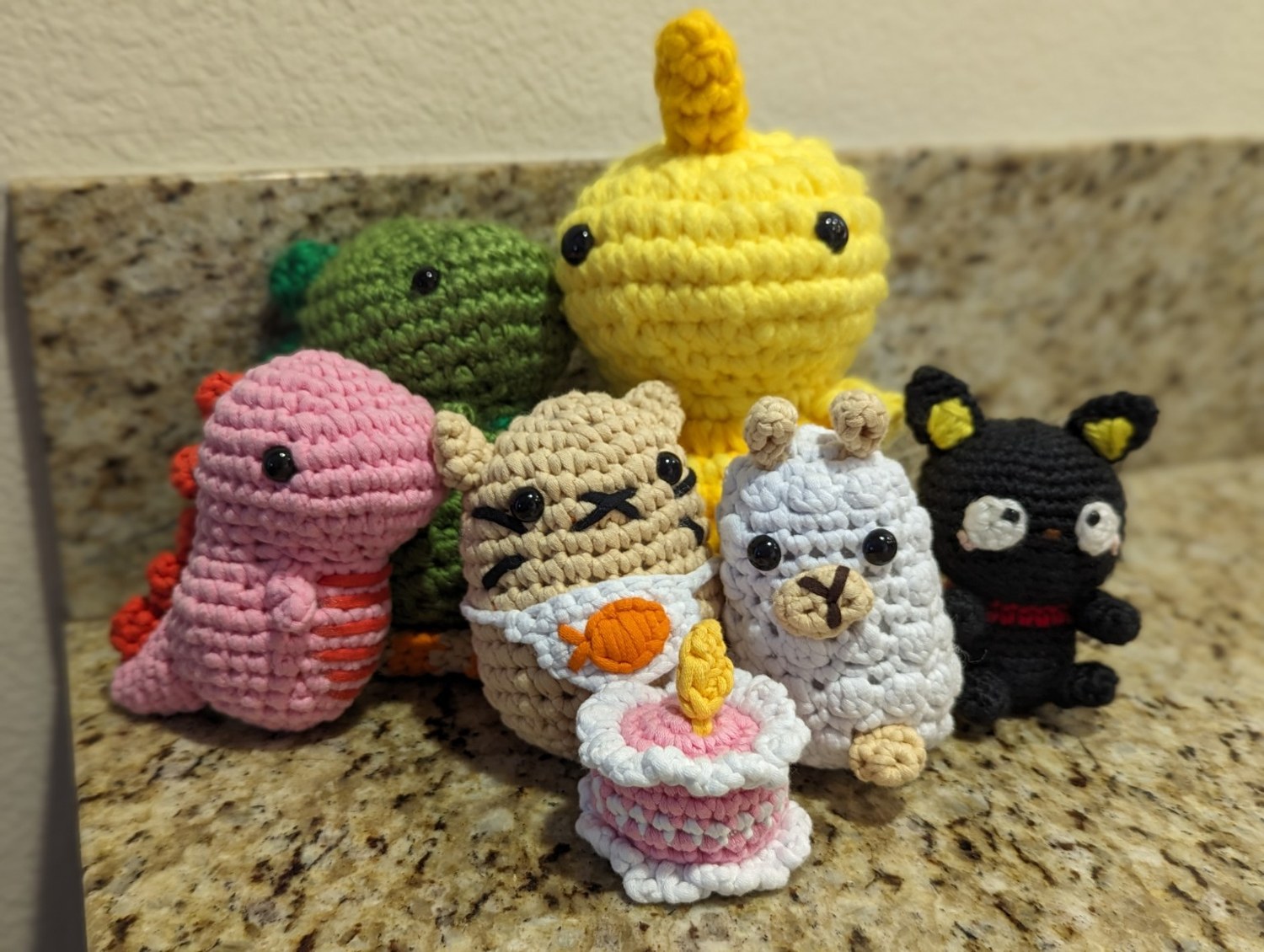 Three Freds, Nico, Gertrude, Chococat (non-Wooble) with the teeny tiny birthday cake